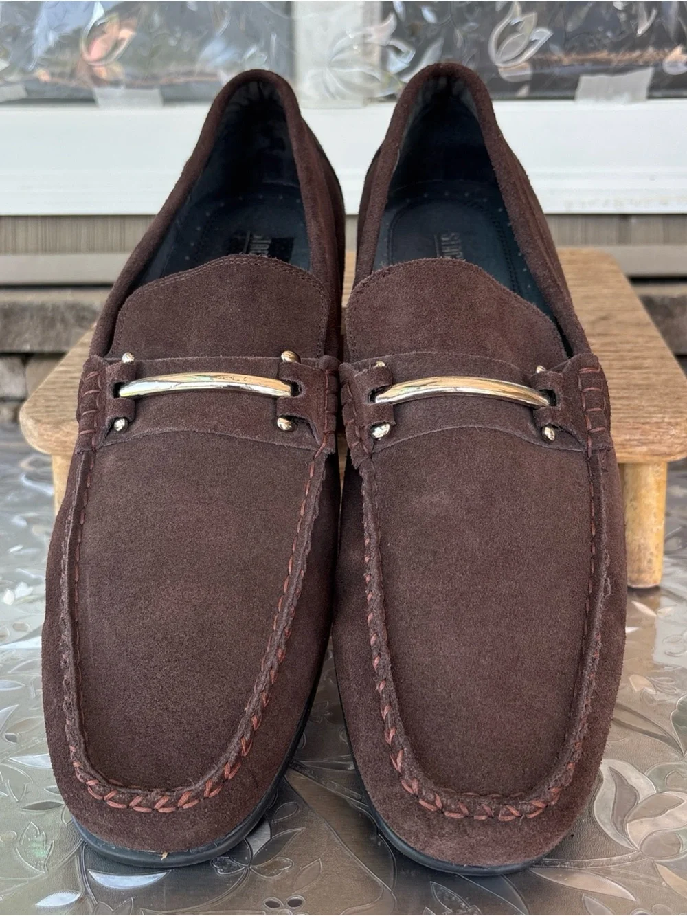 Stacy Adams Brown Suede Slip-On Loafers with Gold-Tone Bit 14 EUC